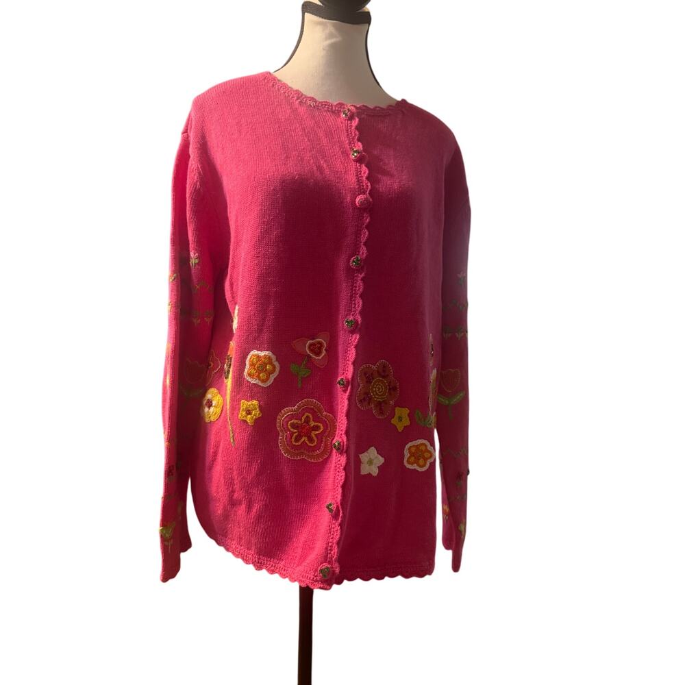 Tiara International Pink Oversized Floral & Embroidered Knit Cardigan Size Small